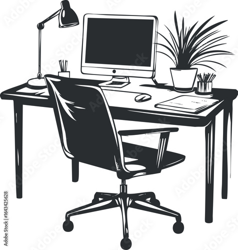 Black and white illustration of a modern office workspace with a desk, chair, computer, lamp, and plant.