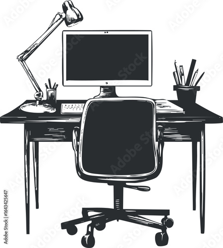 Black and white illustration of a modern office desk setup with chair computer lamp and stationery