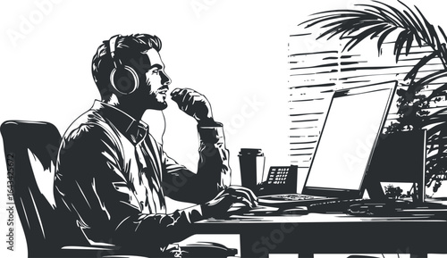 Man wearing headphones working on computer at office desk with coffee and phone nearby