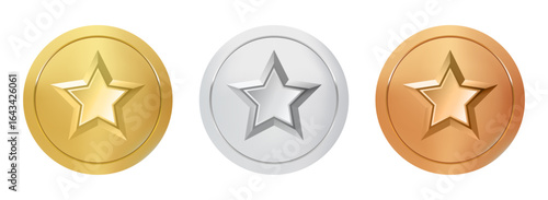 Gold, Silver, and Bronze Coin with Star Avers – 3D Realistic Vector Medal or Game Chip for Champion, Winners, Online Games, Casino Gambling Prize, and Achievement Awards