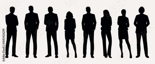 Silhouettes of diverse business professionals standing confidently. Diverse team, professional silhouettes, teamwork. Corporate silhouettes, diverse professionals. People silhouettes, vector.
