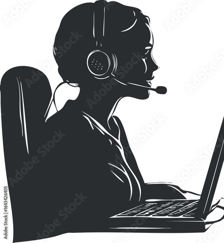 Silhouette of a woman wearing a headset working on a laptop providing customer support