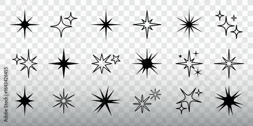 Set of black starburst icons on transparent background. Various starburst designs, starburst shapes, and starburst patterns for decoration and design. Element vector set.