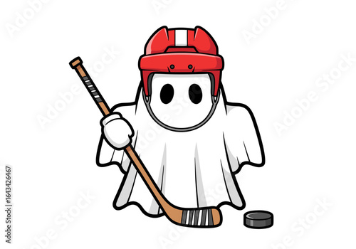 Cute cartoon ghost playing ice hockey, wearing a red helmet and holding a stick. Adorable spooky sports mascot character illustration for Halloween.