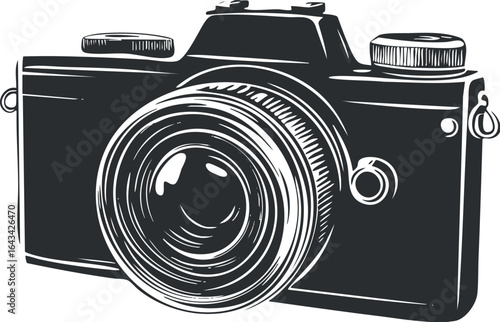 Black and white illustration of a vintage camera with detailed lens and controls for photography