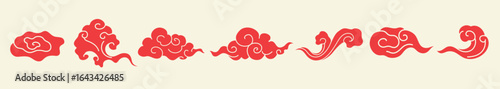 Red cloud motifs in various swirling designs. Decorative red clouds with swirling patterns. Red cloud illustrations in a traditional style. Chinese weather elements, vector set.