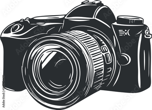 Black and white illustration of a digital single-lens reflex camera with detailed lens and controls