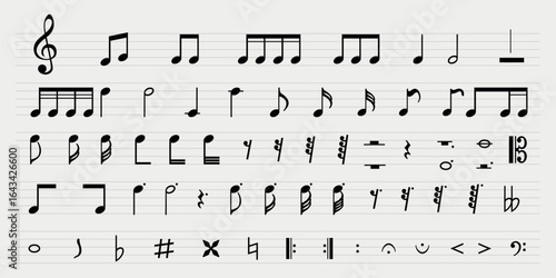 Sheet music with various musical notes and symbols. Musical notes and symbols on a staff. Diverse musical notes and symbols for composition. Music elements, vector set.