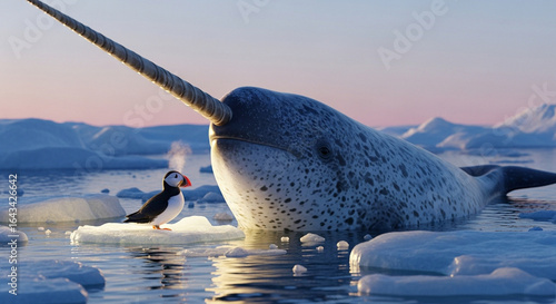  Close-up of a colossal narwhal’s spiraled tusk breaking through the crystalline Arctic ice at sunrise, with a vibrant puffin perched at its base under the pastel glow of a polar dawn, surrounded