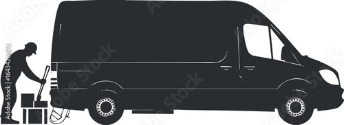 Silhouette of delivery van with worker loading packages for transport and logistics purposes