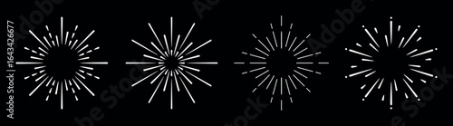 Four white starburst patterns on a black background. Starburst designs radiate outward. Each starburst is unique, creating a dynamic starburst effect. Festive elements, vector set.