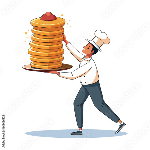 Playful vector illustration of male chef balancing a towering stack of pancakes taller than himself, perfect for food-themed designs