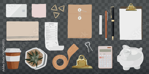 Illustration of office supplies: envelopes, pens, clipboard, calculator, coffee cup, and piggy bank. Office essentials for organization and productivity. Workspace elements vector set.