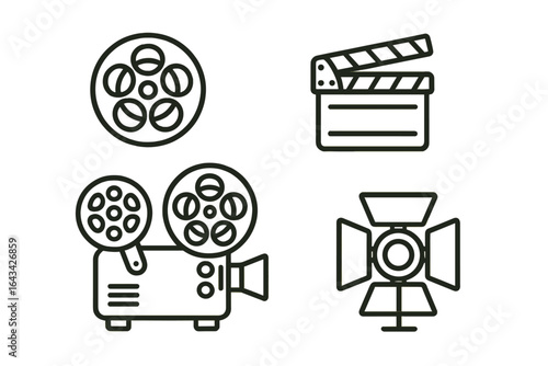 Vintage Film Equipment Icons Set, Classic Movie Camera, Film Reel, Director Clapboard, Studio Light, Retro Cinematography Tools Vector Illustration