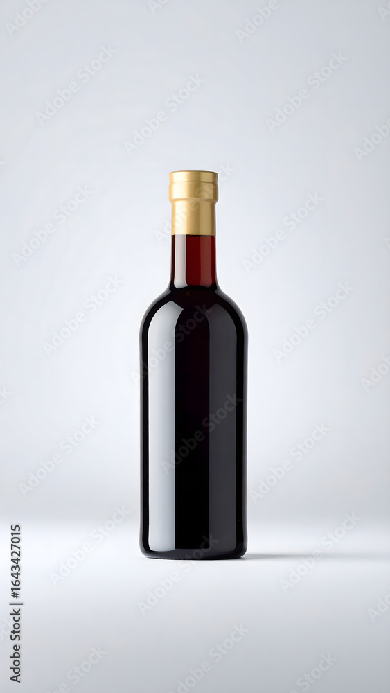 Single transparent glass wine bottle with label against a clean background Single transparent glass wine bottle with label against a clean background
