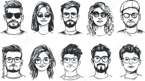Black and white sketch portraits of diverse men and women wearing glasses and sunglasses with various hairstyles and expressions