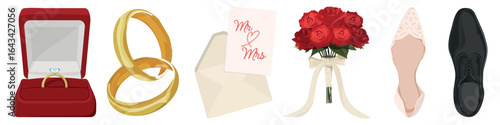 Wedding essentials: gold rings, bouquet, shoes, and card. Perfect for wedding themes, wedding invitations, and wedding decorations. Romantic love illustrations, vector set.