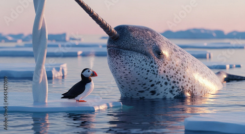  Close-up of a colossal narwhal’s spiraled tusk breaking through the crystalline Arctic ice at sunrise, with a vibrant puffin perched at its base under the pastel glow of a polar dawn, surrounded