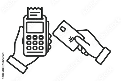 Contactless payment transaction at POS terminal. Wireless NFC credit card purchase. Retail checkout. Electronic banking commerce, cashless money transfer. Secure finance. Vector hands illustration