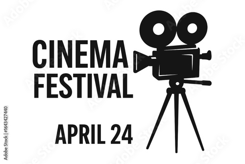 Cinema festival poster with vintage movie camera, classic film projector illustration, black and white vector graphic for film event promotion, entertainment celebration design, transparent background