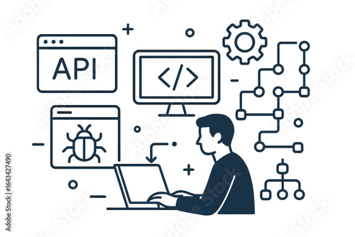 API development, programming workflow, coder debugging bug, application design, code structure, software flowchart, connecting nodes, web developer and technology concept vector illustration
