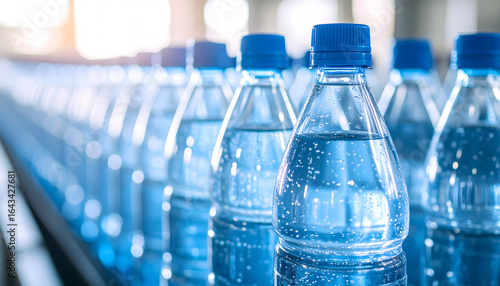 Row of clear plastic bottles with blue caps in a refrigerated display