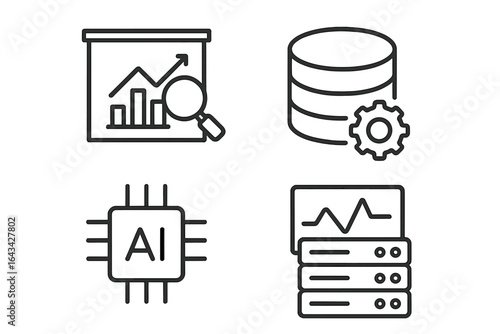 Data Analytics and Artificial Intelligence Line Icons Set. Business Data Analysis, Machine Learning, Big Data Processing, Database Management, Server Monitoring, Web App Vector Concept Illustration.