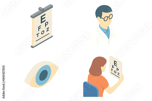 Vision checkup icons set. Optometrist examining patient, eye chart test, eyesight correction, ophthalmology clinic, visual acuity exam, healthy eye care, medical consultation illustration.
