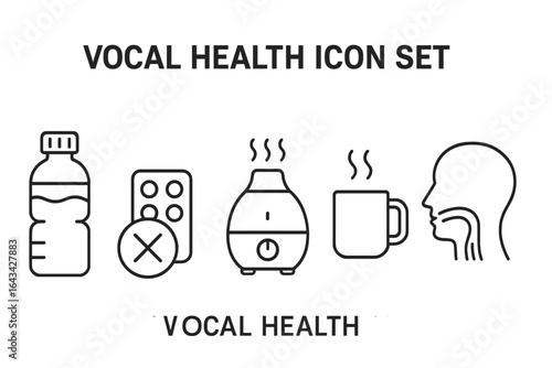 Vocal Health Icon Set for Singers, Speakers, Teachers. Hydration, No Medication, Humidifier, Warm Beverage, Throat Care. Line Art Essentials for Maintaining Healthy Voice and Vocal Wellness.