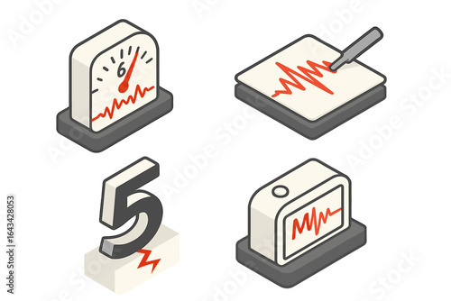 Isometric Earthquake Measurement Icons Set, Flat Vector Graphics of Richter Scale, Magnitude Gauges, Moment Magnitude Tools, Seismic Activity Indicators on Transparent Background