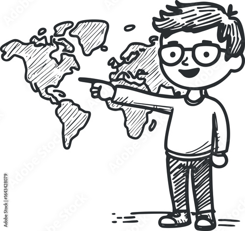 Wallpaper Mural Black and white cartoon illustration of a boy wearing glasses pointing at a world map, representing education and geography. Torontodigital.ca