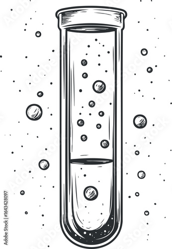 Black and white sketch illustration of a test tube with liquid and bubbles representing scientific experiment and research