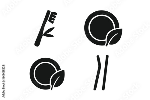 Eco friendly product icons grid. Solid black vector set of bamboo toothbrush, biodegradable plate, reusable sustainable straw, nature leaf, zero waste, green living symbols, minimalist illustration
