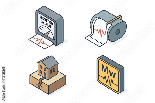 Isometric earthquake magnitude measurement icons set. Richter scale gauge vector, seismic moment scale Mw sign, seismograph roll, house on cracked earth. Earthquake monitoring analysis concept.