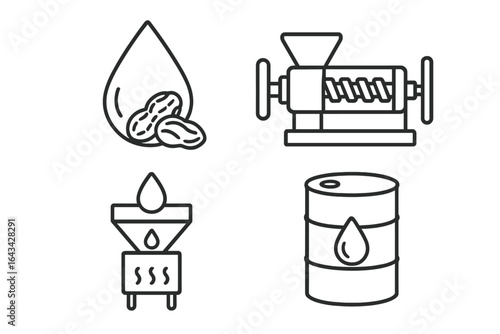 Peanut Oil Production Icons Set. Outline Vector Pack Featuring Peanut Oil Drop, Oil Press Expeller Machine, Oil Filtration Unit, Storage Barrel. Industrial Extraction Process Symbols