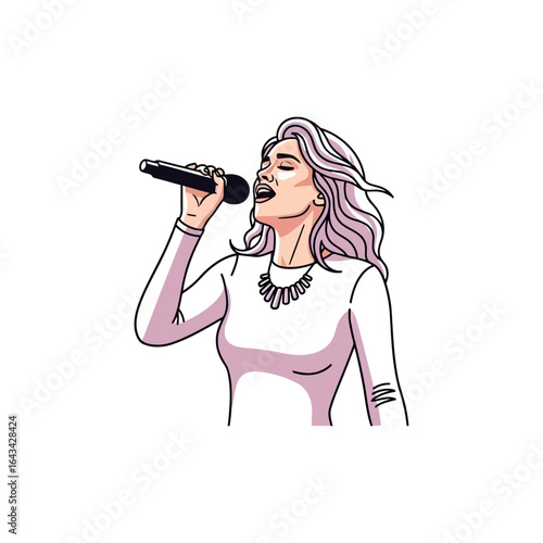 Vector art of woman singing into a microphone with her eyes closed, isolated on white background