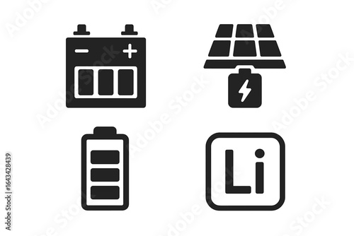 Energy storage icons set. Battery, lithium, full charge, solar power, renewable electricity, lead-acid, energy storage technology, power bank, green energy system, electrochemical storage symbols