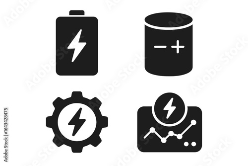 Energy management icons set with battery, capacitor, electricity gear, and voltage analytics symbols for smart grid, renewable energy, power storage, electricity generation, and industrial automation