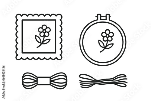 Embroidered Handkerchief Icons, Linen Square, Embroidery Hoop with Floral Design, Colorful Embroidery Floss Skeins, Outline Vector Illustration for Sewing and Craft Projects