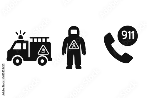 Emergency Response Icons Set, Solid Filled Hazardous Materials Fire Truck, Hazmat Suit Team, Emergency Phone 911 Call, Chemical Danger Safety Vector Illustration