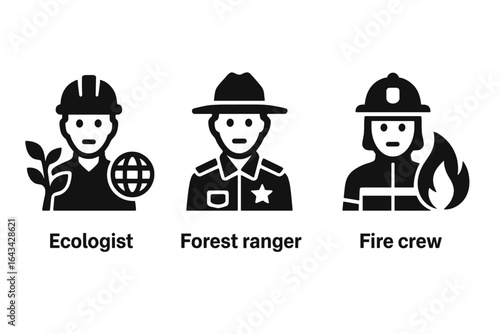 Ecosystem restoration icons and solid filled vector set featuring ecologist, forest ranger, and fire crew team symbols for environmental and nature conservation