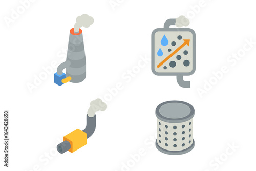 Emission Control Icon Set, Isometric Flat Design of Air Pollution Control Devices, Flue Gas Scrubber Tower, Particulate Filter, Smoke Stack, Industrial Emission Reduction System Vector Illustration
