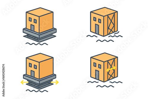 Seismic resistant building design concepts. Isometric icon set with base isolator pad and shear wall. Structural engineering vector for earthquake safety and architecture.