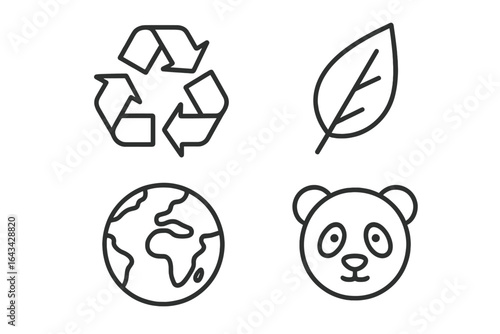 Eco icons outline vector set, recycling symbol, green leaf, Earth globe, endangered panda, environmental conservation illustration, nature protection, sustainability, ecology, wildlife, planet care