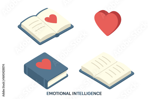 Emotional Intelligence Icons, Isometric Flat Set of Heart Symbols, Open Books with Heart Emblems, Love and Empathy Concepts, Vector Illustration on Transparent