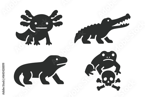 Endangered Reptile and Amphibian Icons. Solid Filled Vector Set of Axolotl, Gharial, Komodo Dragon, Poisonous Frog Symbols, Wildlife Conservation, Transparent Background