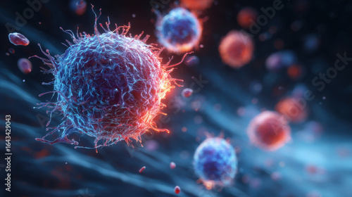 Microscopic view of immune cells, possibly a T-cell attacking a virus.