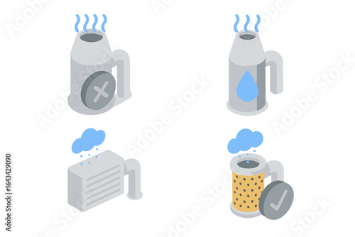 Emission Control Icon Set, Isometric Flat Vector Icons of Industrial Emission Scrubbers, Flue Gas Scrubber Tower, Particulate Filter, Pollution Reduction Technology, Environmental Protection