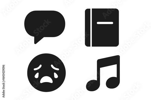 Emotion icon grid set with solid filled psychological expression symbols including speech bubble, journal, crying face, music notes, feelings, communication, and emotional mood vector illustration