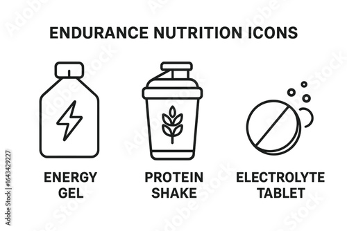 Endurance nutrition icons set for athletes. Outline vector pack with energy gel, protein shake, electrolyte tablet, fitness supplement, healthy sports food, running marathon, cycling, gym hydration.